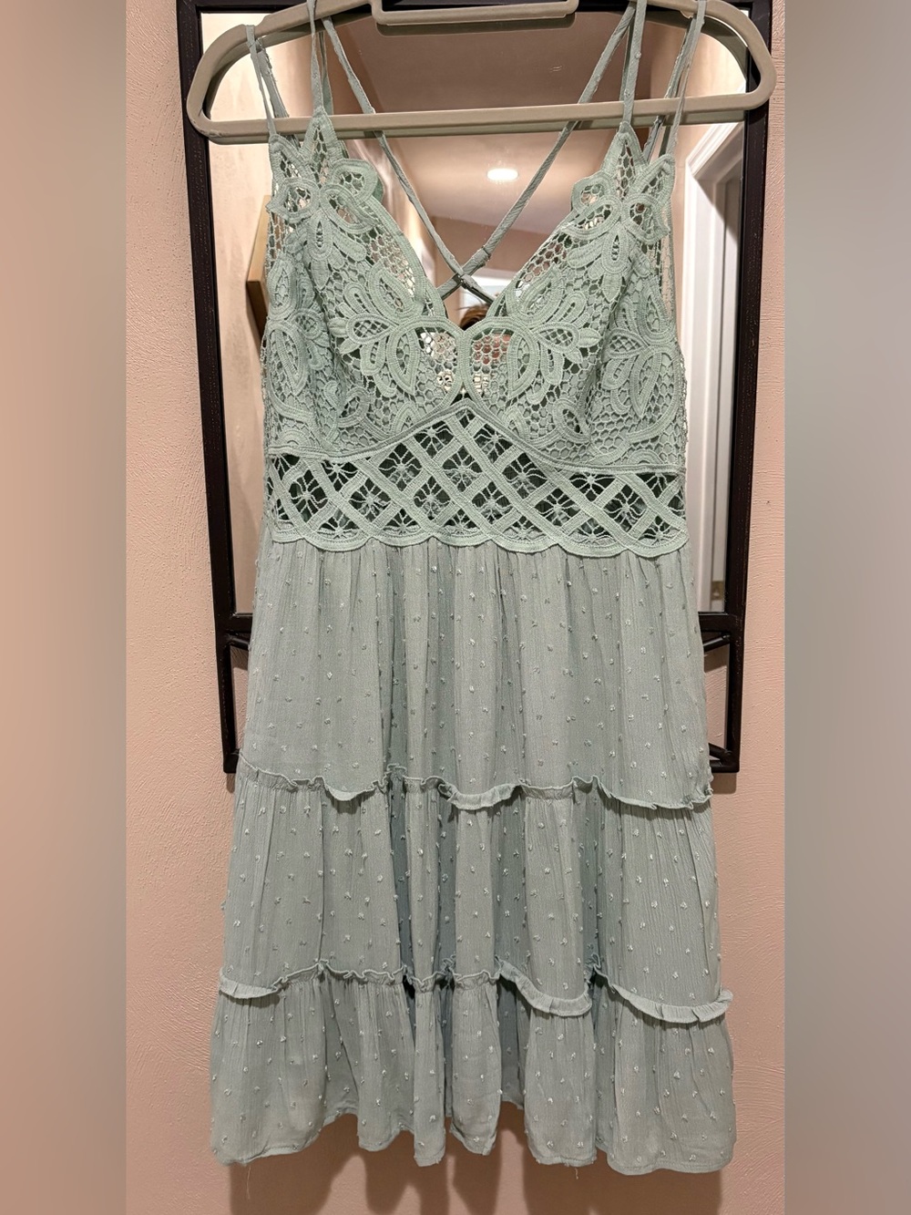 new in Mint Green Lace & Tiered Midi Dress with Crisscross Straps Size L